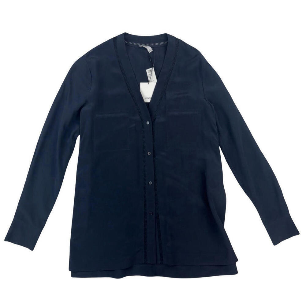 Vince Silk V-Neck Button-Up Shirt Blouse Navy Size 4 US